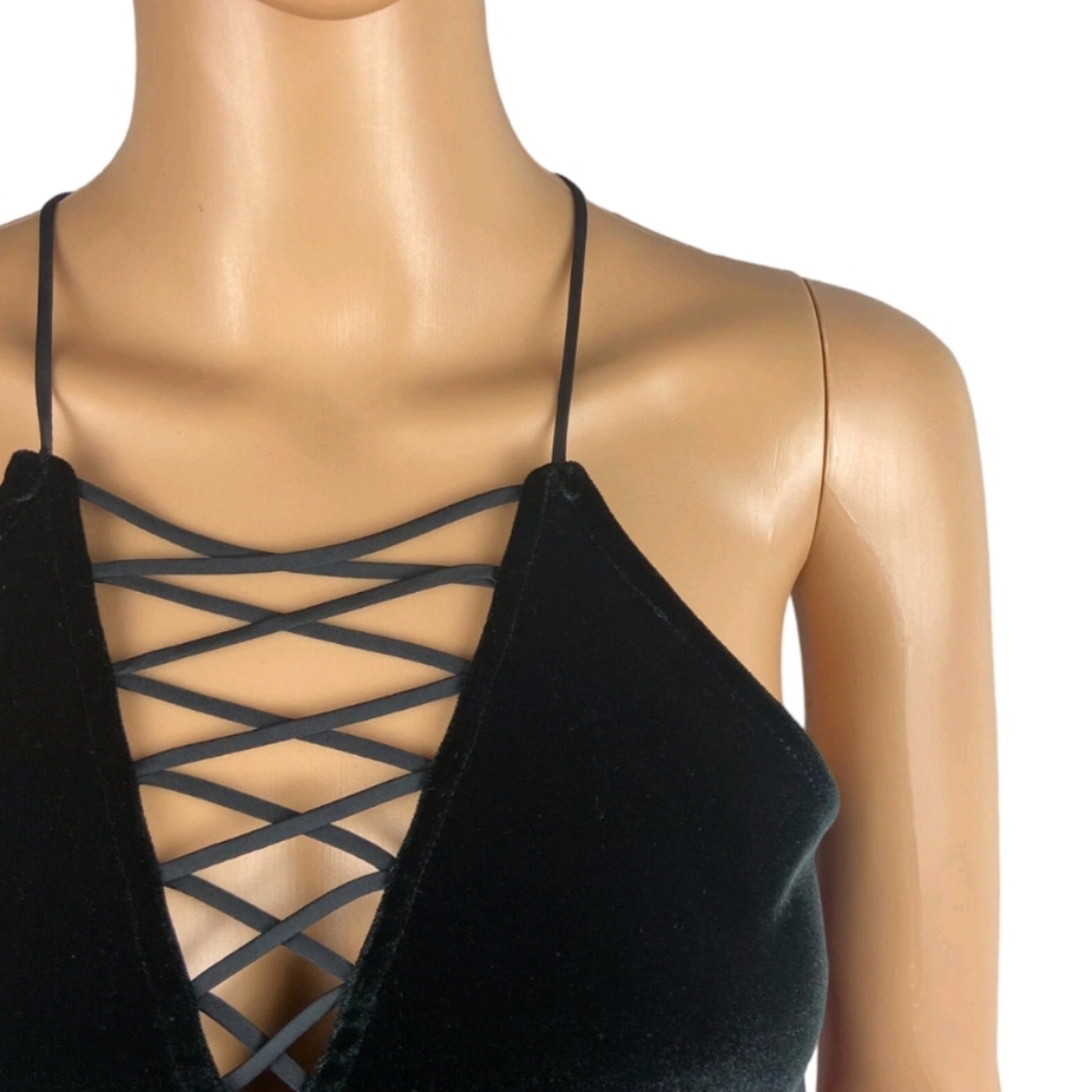 Black Velvet Express Cami Top Deep V-Neck with Criss-Cross Detail Size Small